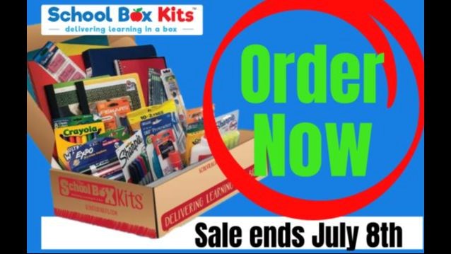 School Box supply kit pictured with various school supplies, deadline to order is July 8th, 2024.
